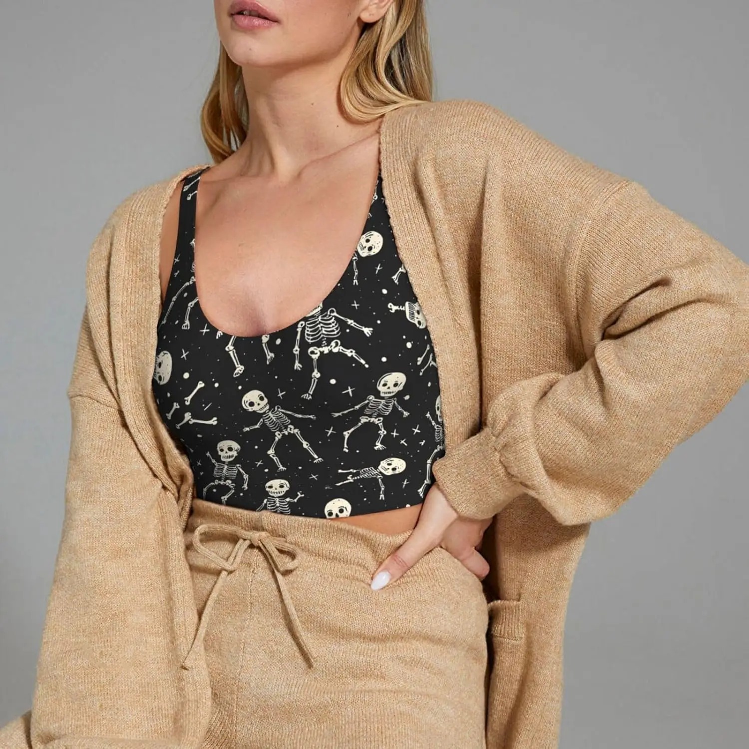 Soutiens-gorge de sport pour femmes, soutien élevé, imprimé tête de mort de dessin animé mignon, athlétique, course à pied, entraînement, débardeur, randonnée, motard, Yoga, gymnastique