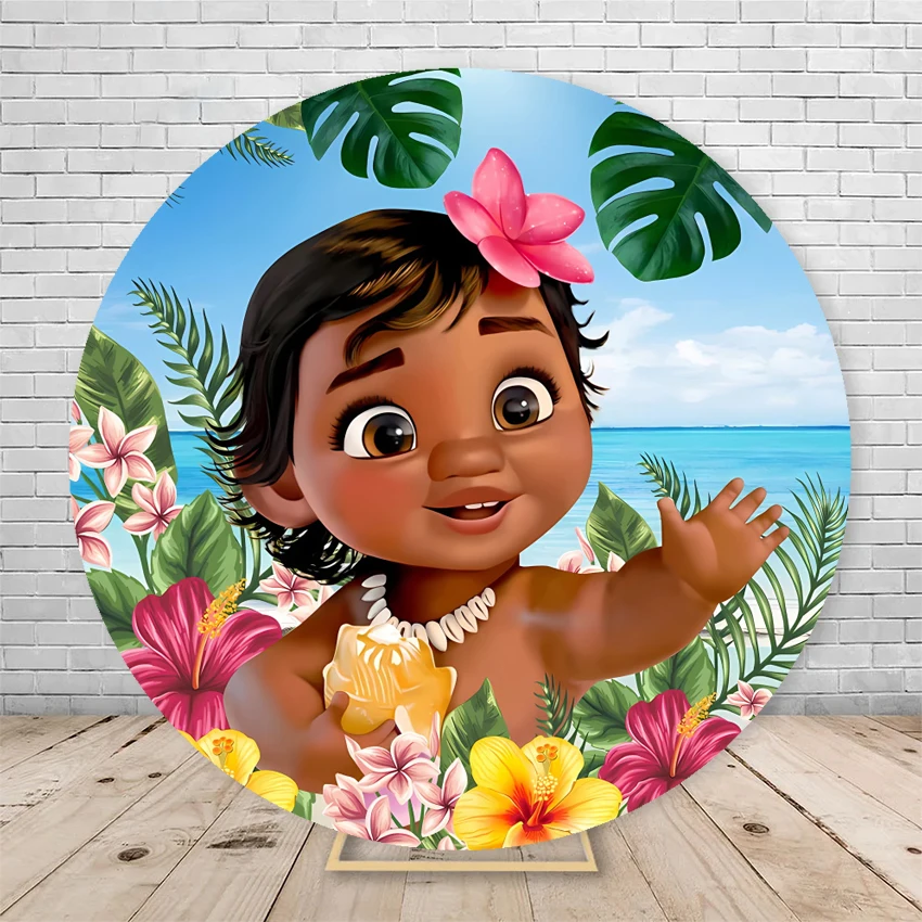 Round Backdrop Cover Moana Princess for Birthday Party Baby Shower Background Wall Vaiana Decorations Photo Booth Props