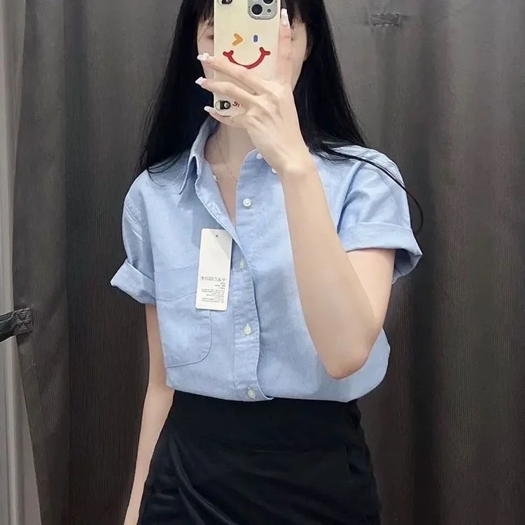 Hong Kong Style Pure Cotton Short Sleeve Women's Shirt Fashion Design Casual Commute Professional Top Summer Breathable Comfo...