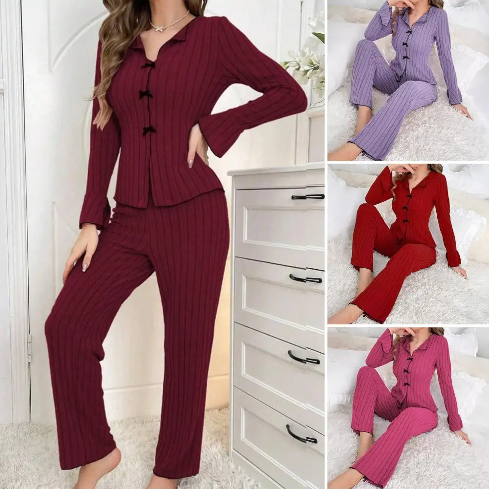جديد 2025 طقم بيجامات نسائي ربيعي غير رسمي ملابس نوم مريحة مثيرة بأكمام طويلة وطية صدر السترة ملابس منزلية مضلعة صلبة ملابس نسائية فضفاضة