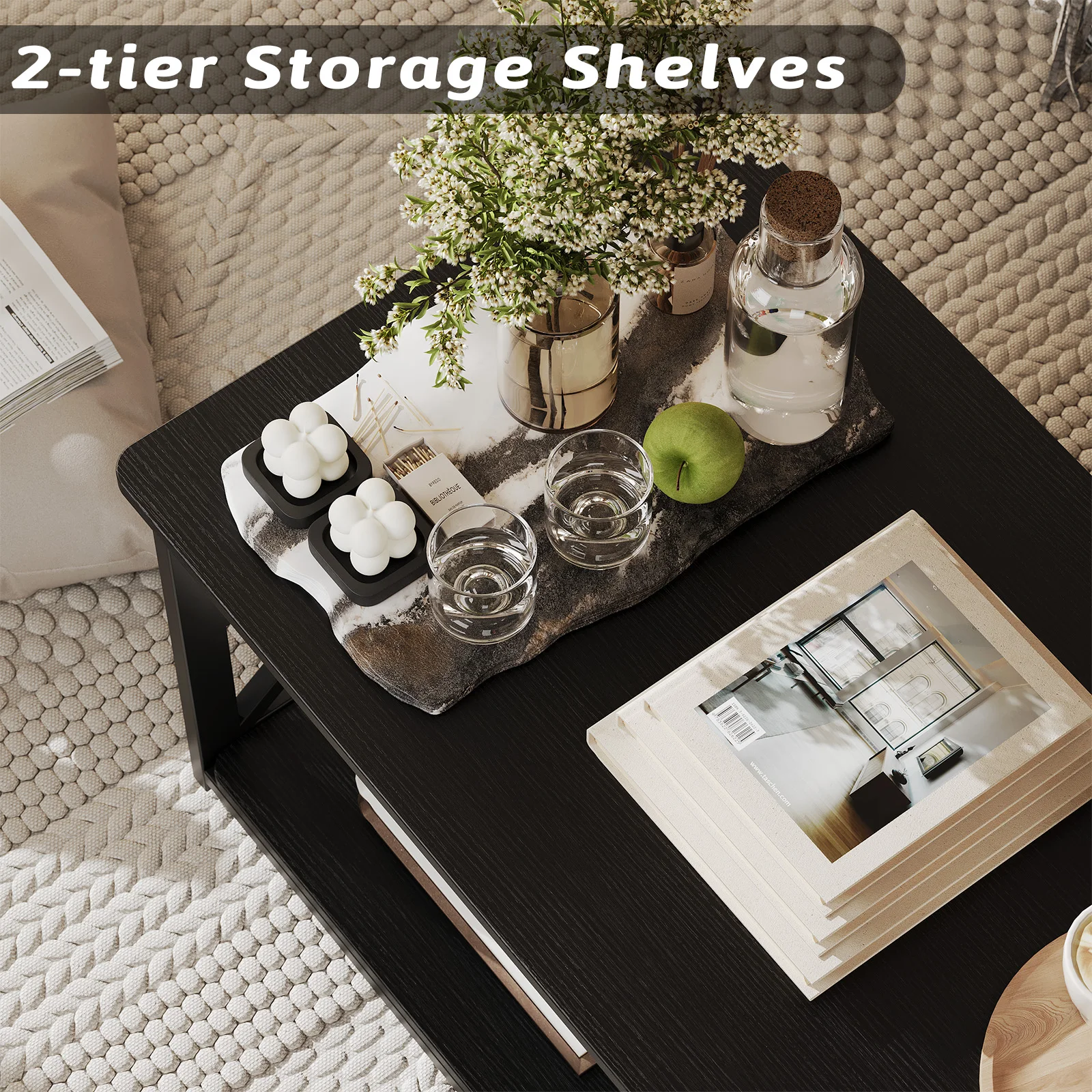 طاولات القهوة لغرفة المعيشة، طاولة مركزية على طراز المزرعة مع رف تخزين، إطار قوي على شكل X، أثاث منزلي سهل التجميع