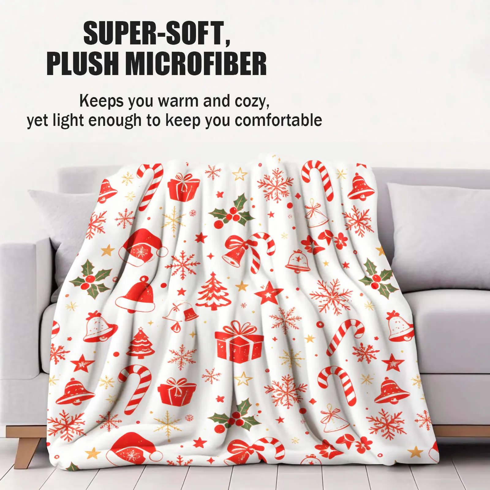 Christmas Flannel Throw Blanket Santa Hat Candy Cane Gift Box Bell Snowflake Print Soft Plush Warm Blanket Sofa Xmas Home Decor
