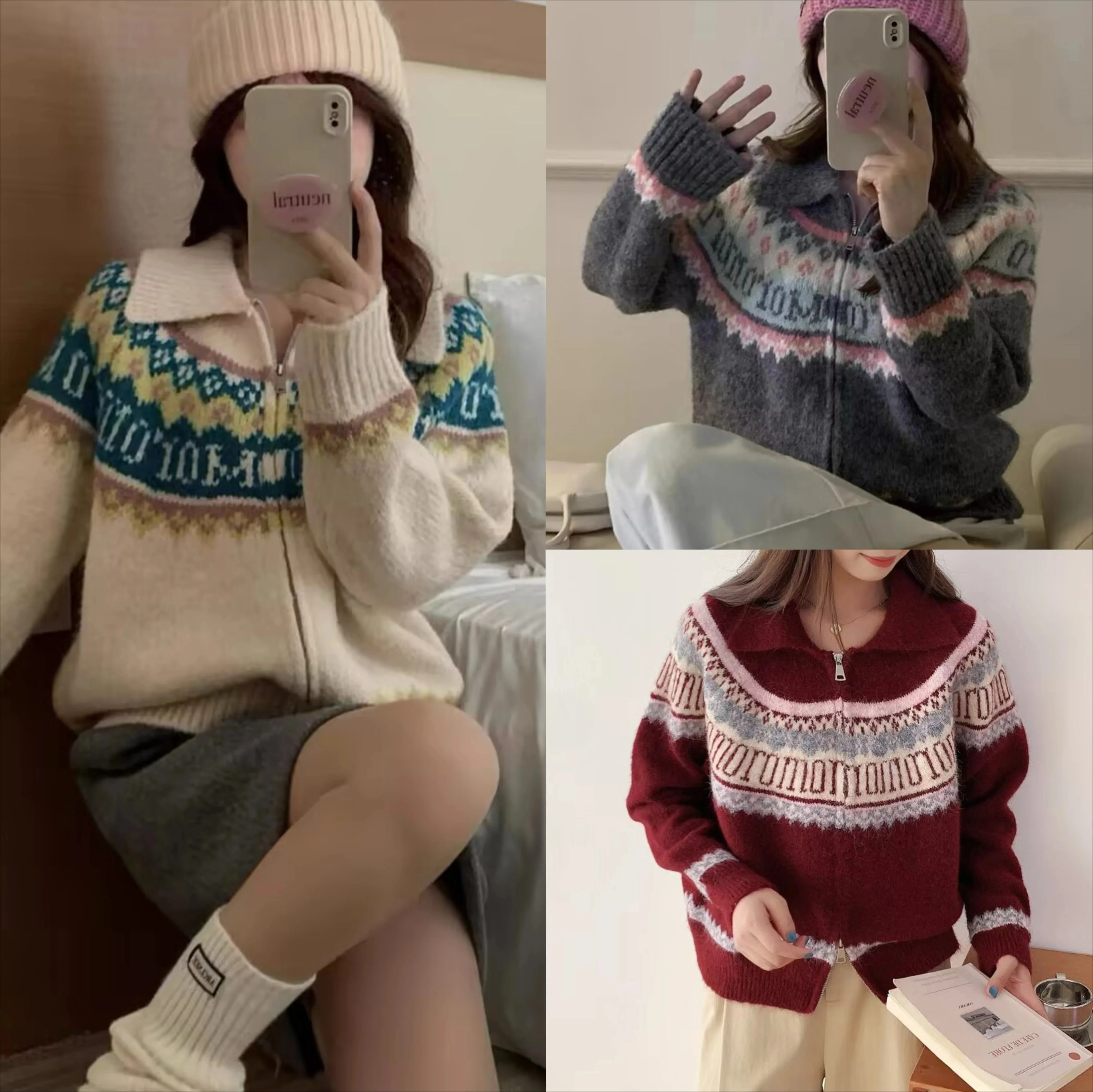 

Women's Loose Long Sleeve Sweater Retro Jacquard Knitted Cardigan Zipper Lapel Color Blocking Coat