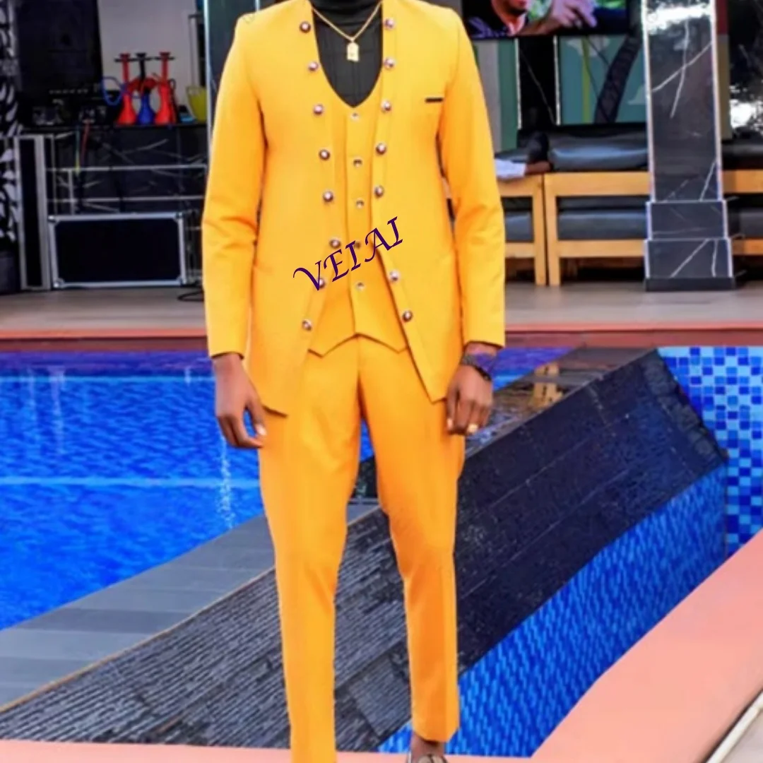 

CustomizedYellow Men Suit Double-breasted Peak Lapel 3 Pieces(Jacket+Pants+Vest) Male Formal Wedding Party Set