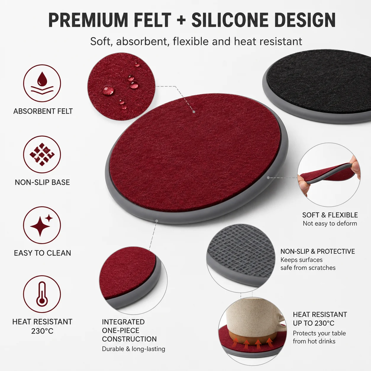 Absorbent Felt Coasters Silicone Drink Coasters Set Of 6 With Metal Holder Wooden Table Protection Desk Cup Mats