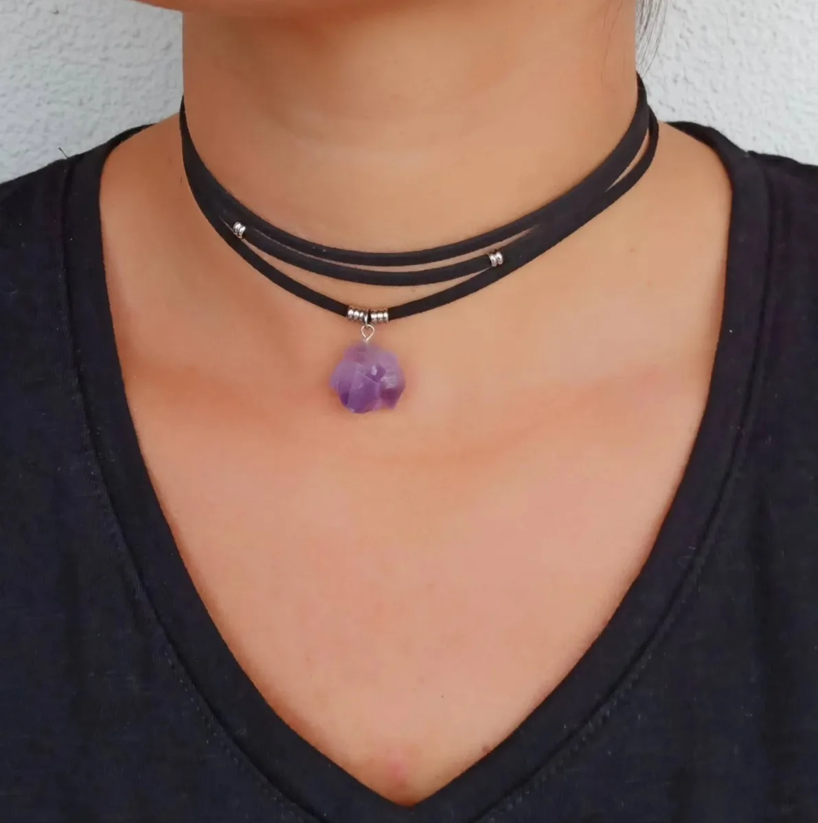 Raw Amethyst Choker Necklace February Birthstone Boho Healing Crystals Faux Suede Stacking Layering bohemian necklaces