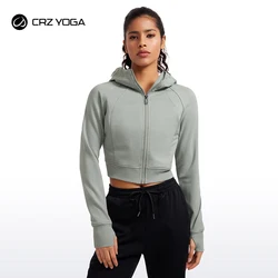 CRZ YOGA Winter Womens Zip Up Cropped Hoodie Full Zip Workout Jacket Athletic Casual Long Sleeve Sweatshirts with Thumb Holes