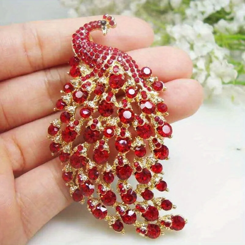 قلادة 3.11 بوصة صغيرة الحجم رائعة على شكل طائر الطاووس الأحمر للنساء دبوس بروش من حجر الراين #1