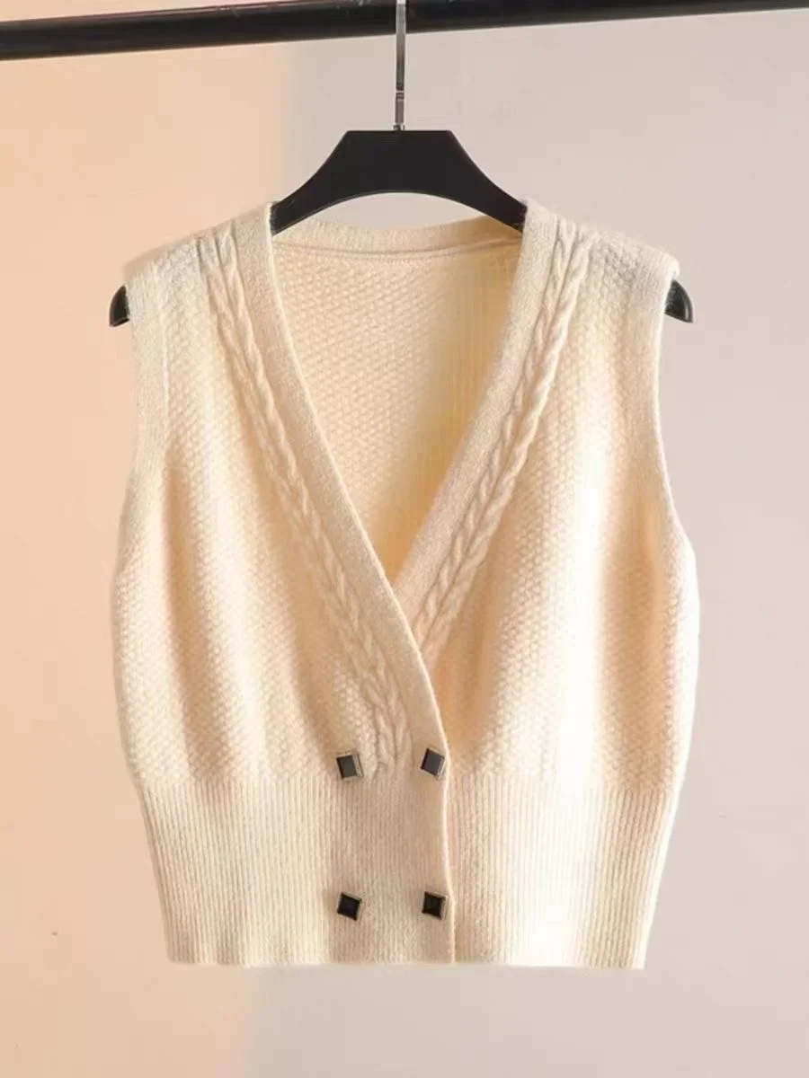 Women's Knitted Vest Loose Versatile Tank Top Button Design Ort Length Pure Color Commute Autumn Clothing