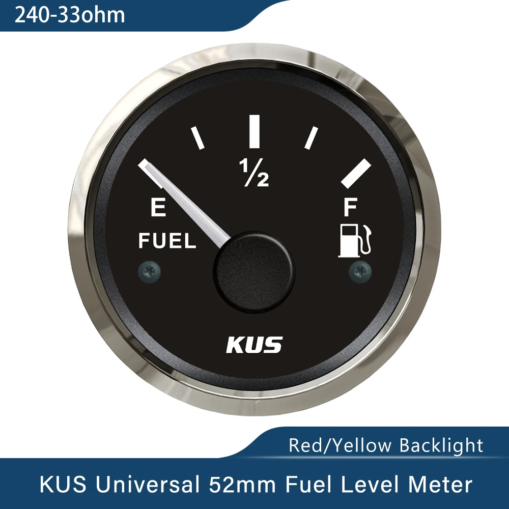 KUS New 52mm Auto Marine Fuel Oil Level Gauge Meter 0-190 ohm 240-33ohm with Red  Yellow Backlight 12V/24V for Car Boat