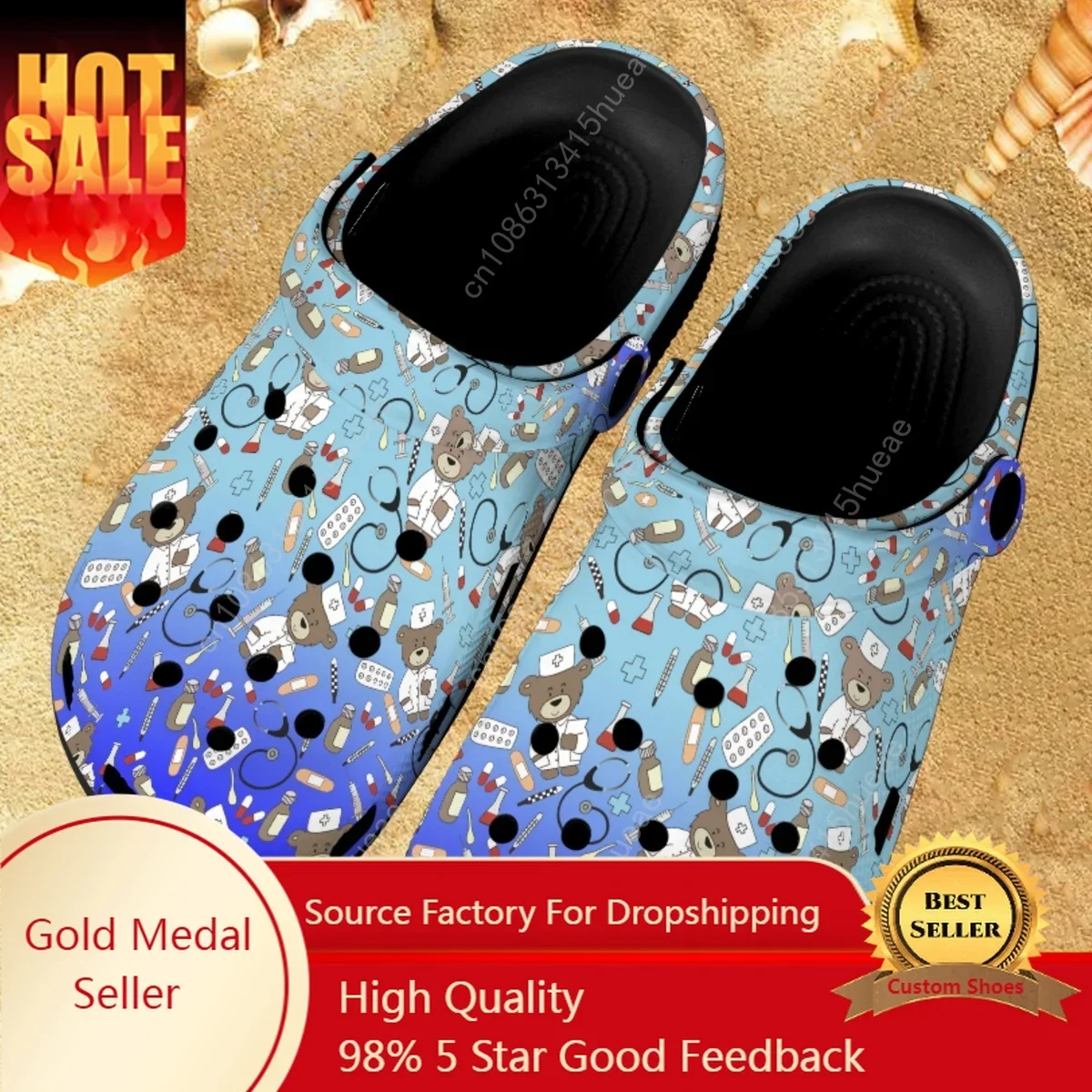 Gradient Nurse Bear Print Cute Slippers Female Medical Hospital Work Light Sandals Summer Breathable Non-slip Flat Garden Shoes