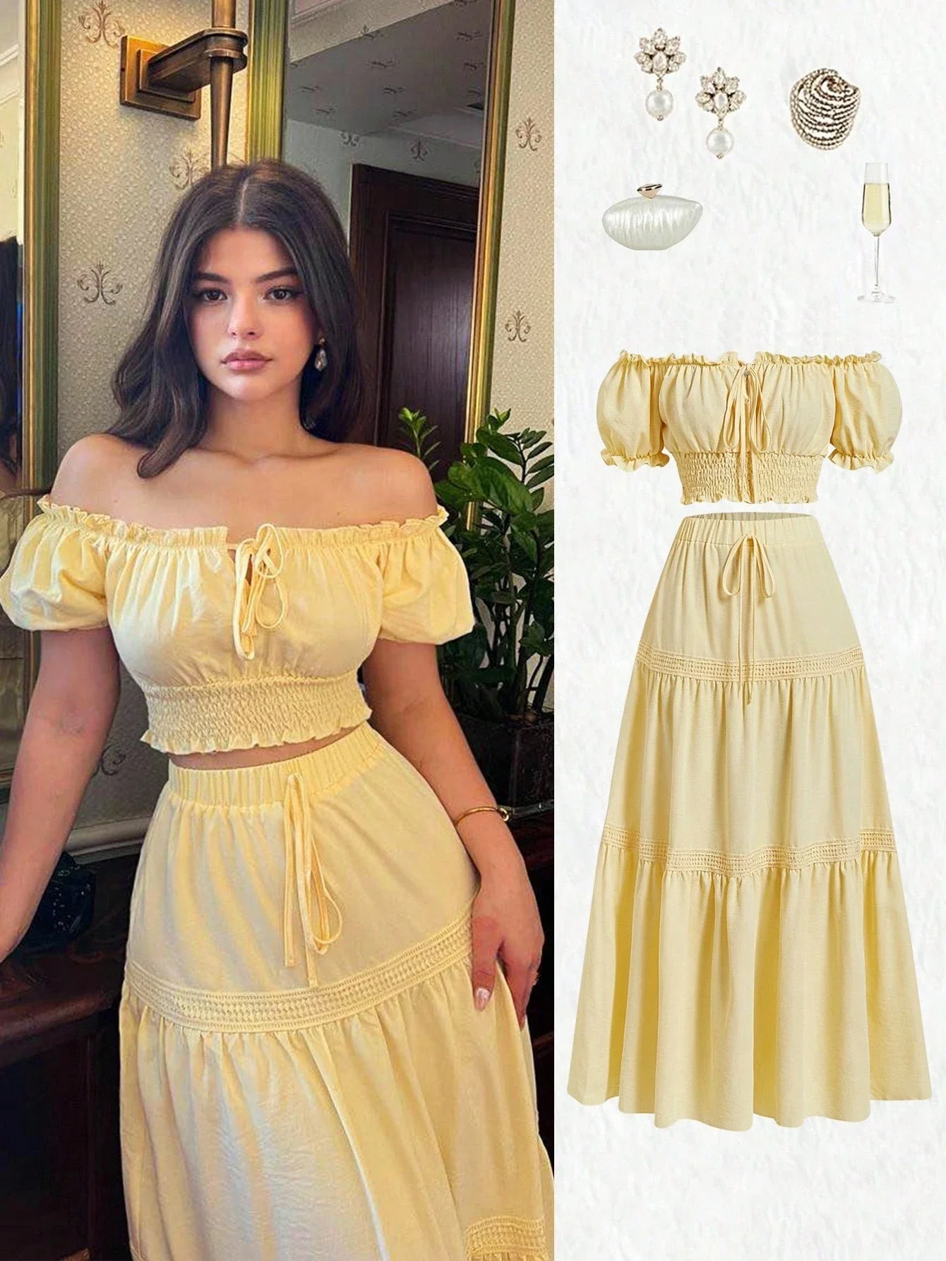 

Off-Shoulder Puff Sleeve Crop Top And Tiered Maxi Skirt Set