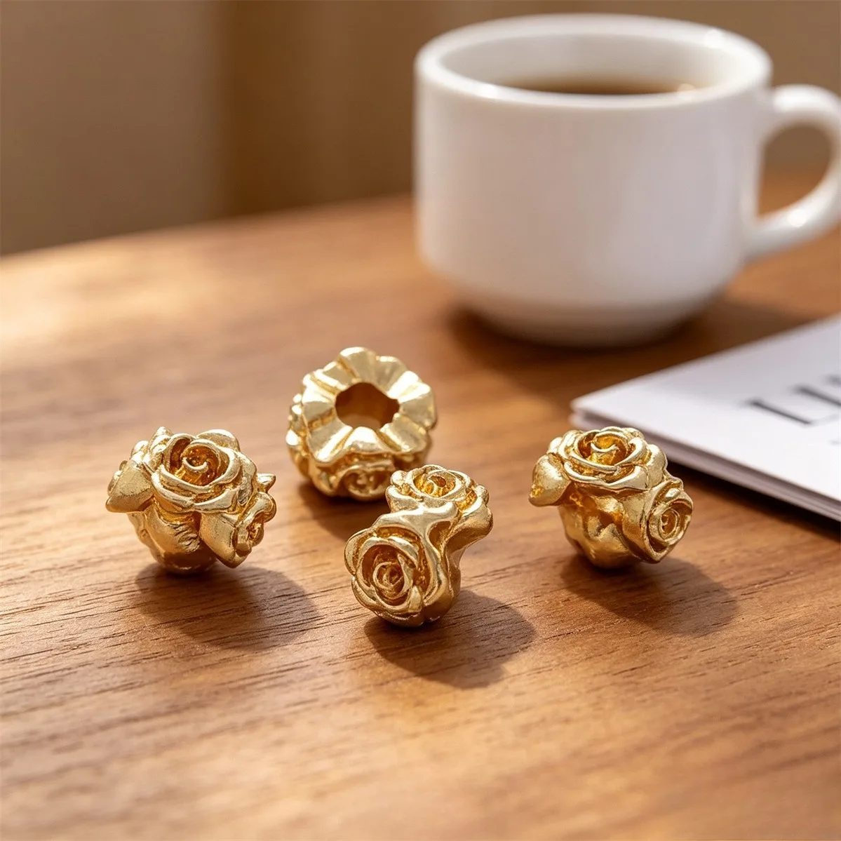Brass 14K Gold Plated Anti-fade Large Hole Rose Wreath Floral Spacer Beads DIY Pearl Bracelet Necklace Jewelry Findings