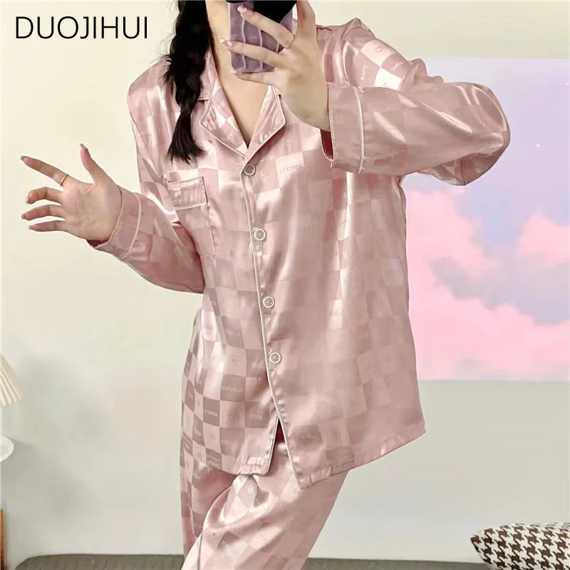 DUOJIHUI-Pijama informal de dos piezas para mujer, cárdigans básicos de manga larga, pantalones simples, conjuntos de pijamas femeninos a la moda, color rosa