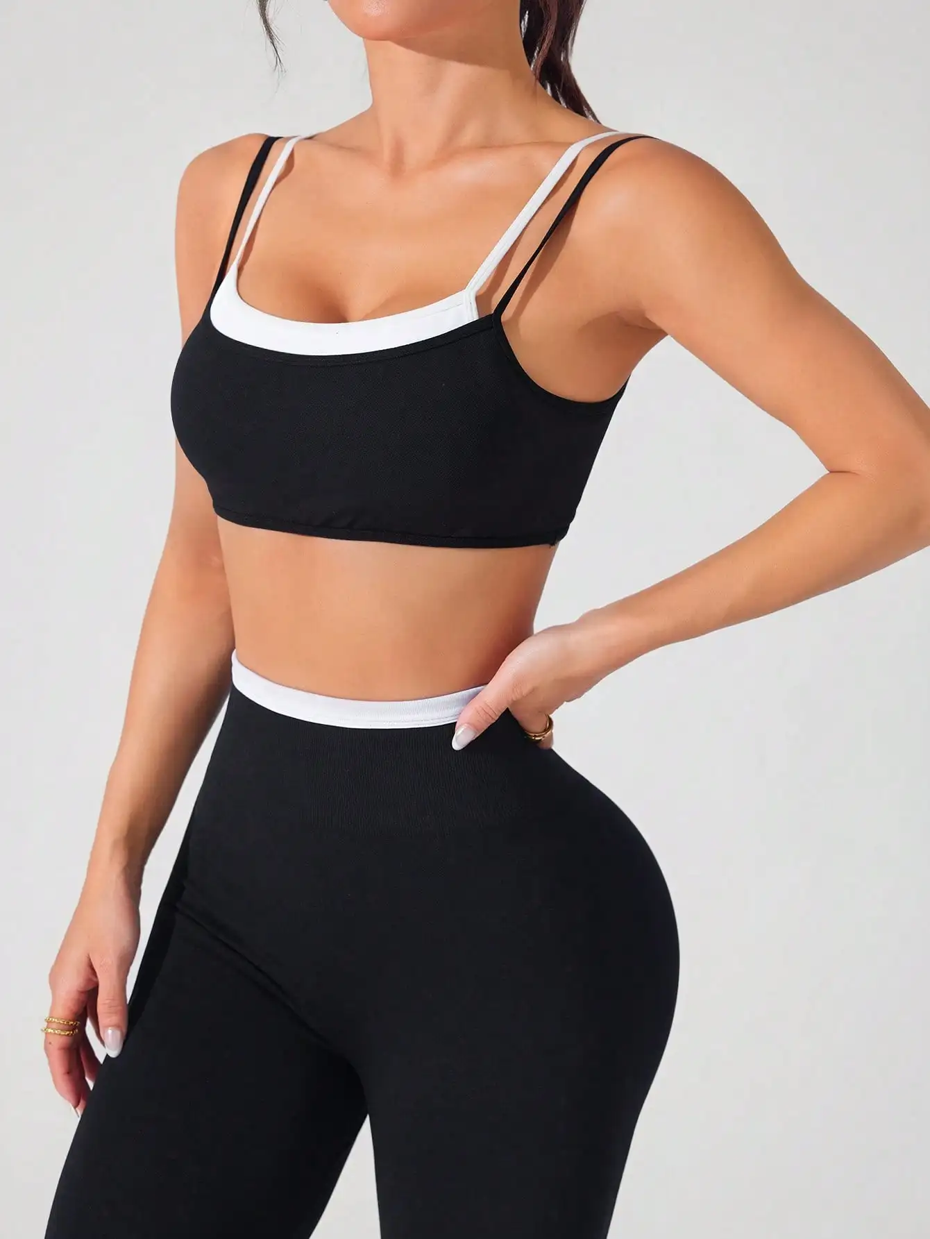 Women's 2 Piece Sports Set Cropped Sports Bra High Waist Leggings Gym Yoga Fitness Workout Black White