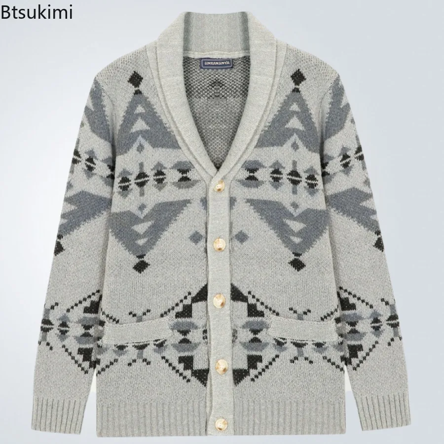 Autumn Winter Men's Clothing Retro Jacquard Knitted Sweaters Lapel Single Breasted Casual Knit Cardigans Men Thick Sweater Coats