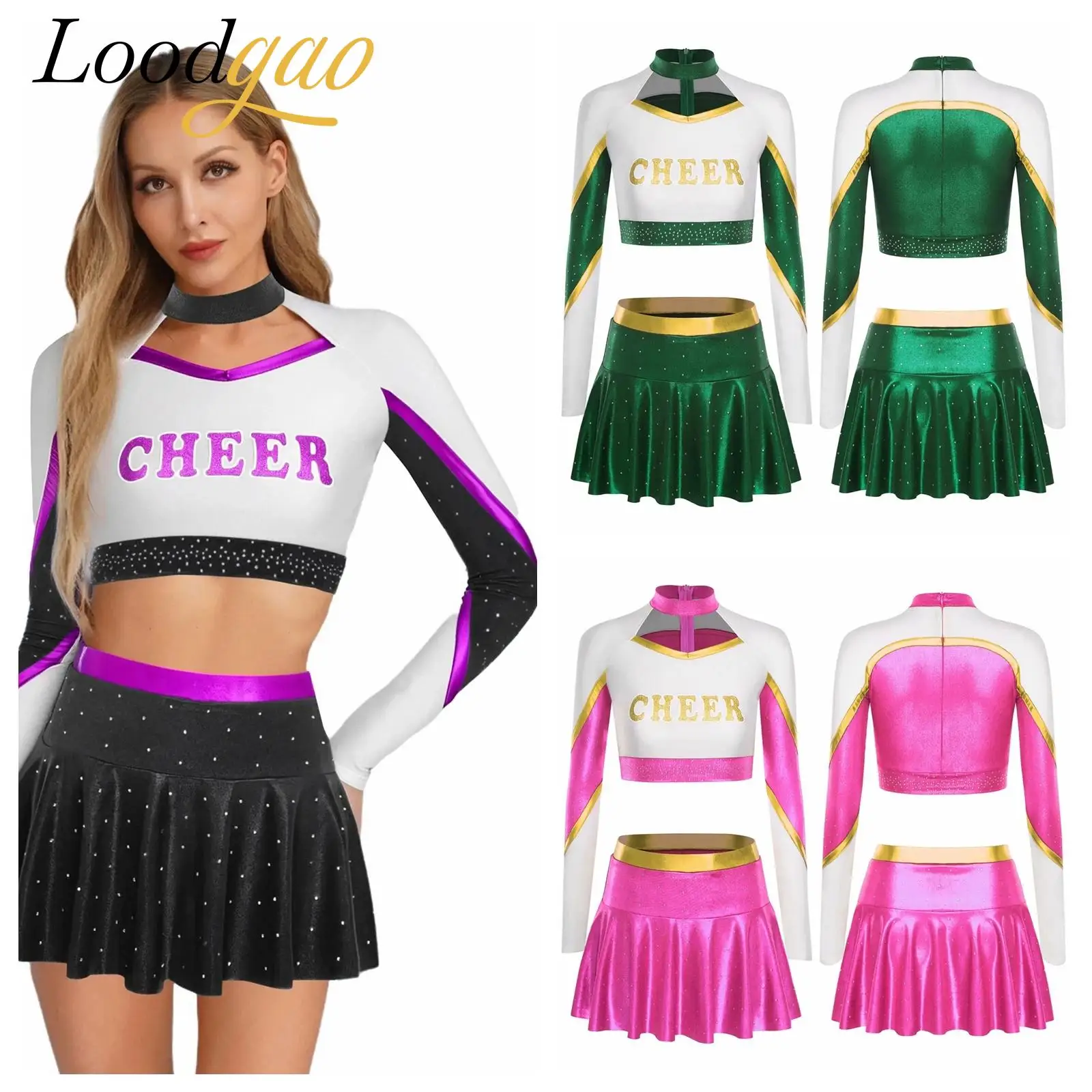 

School Girls Cheerleading Uniform Women Cosplay Cheering Team Carnival Cheerleader Costume Adults Festival Metallic Outfits