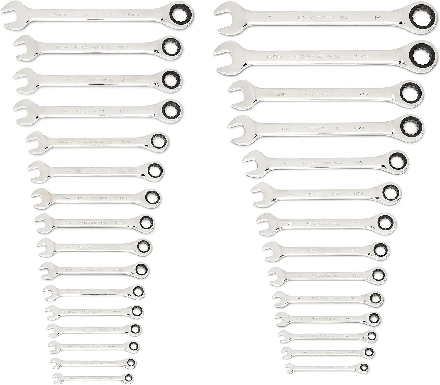 GEARWRENCH 30 Piece 12 Point Ratcheting Combination SAE/Metric (1/4-1 in., 8-24 mm) Wrench Set with Wrench Racks - 86702