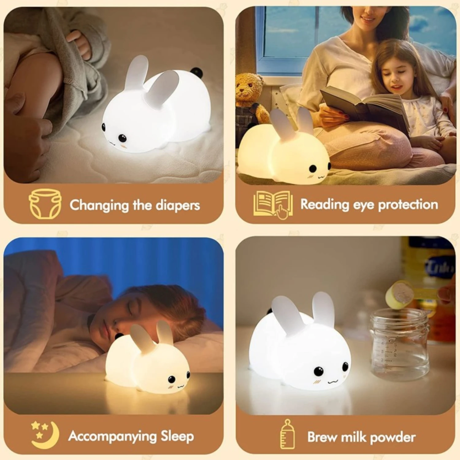 New Adorable, Cute and Dimmable Rechargeable RGB LED Silicone Rabbit Night Light - Ideal Baby Toy for Kids with Touch Sensor and