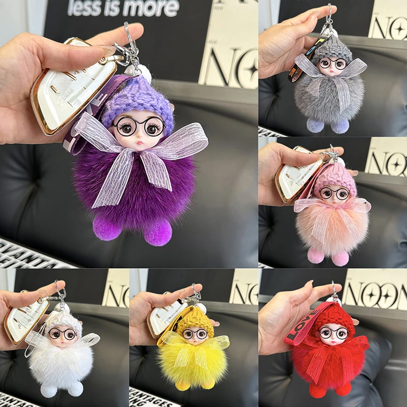 Doll Keychains Fluffy Pompom Sleeping Baby Multi-colored Knitted Hat Wear Baby Key Ring Keychain Accessories For Women Men