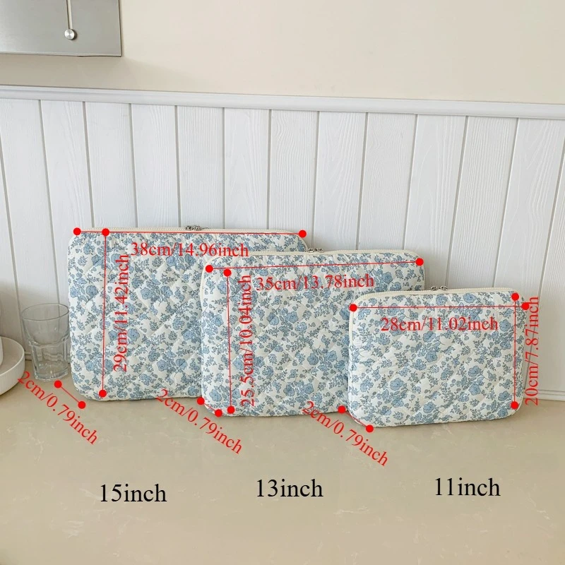 Pink Ditsy Floral Quilted Laptop Bag with Handle, Zipper Shockproof Notebook Sleeve Set of 3, Computer Cover for Women Girls