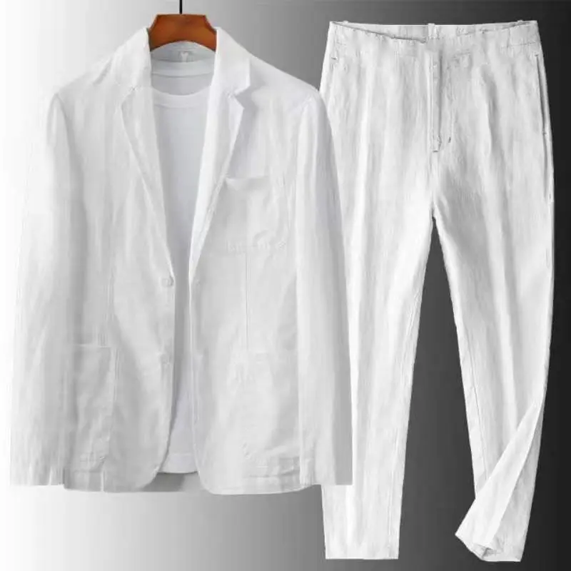 Conjunto de roupa de linho de 2 peças masculino, sólido, respirável, casual, roupa de negócios, jaqueta fina, calças compridas de baile
