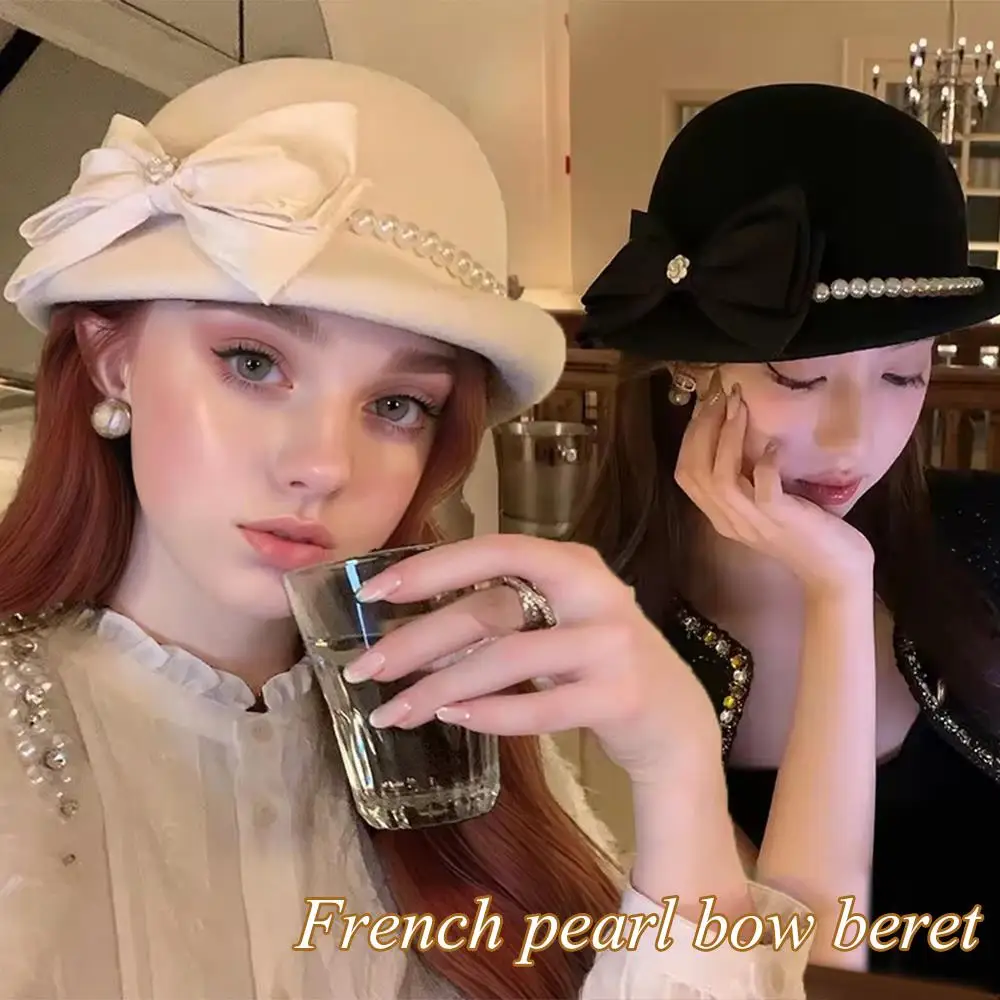 

Retro Beret Bow Pearl Bowler Hat Newsboy Caps Wool Fedoras Winter Elegant Simple Women Fashion Warm-keeping Fashion Pearl Hat
