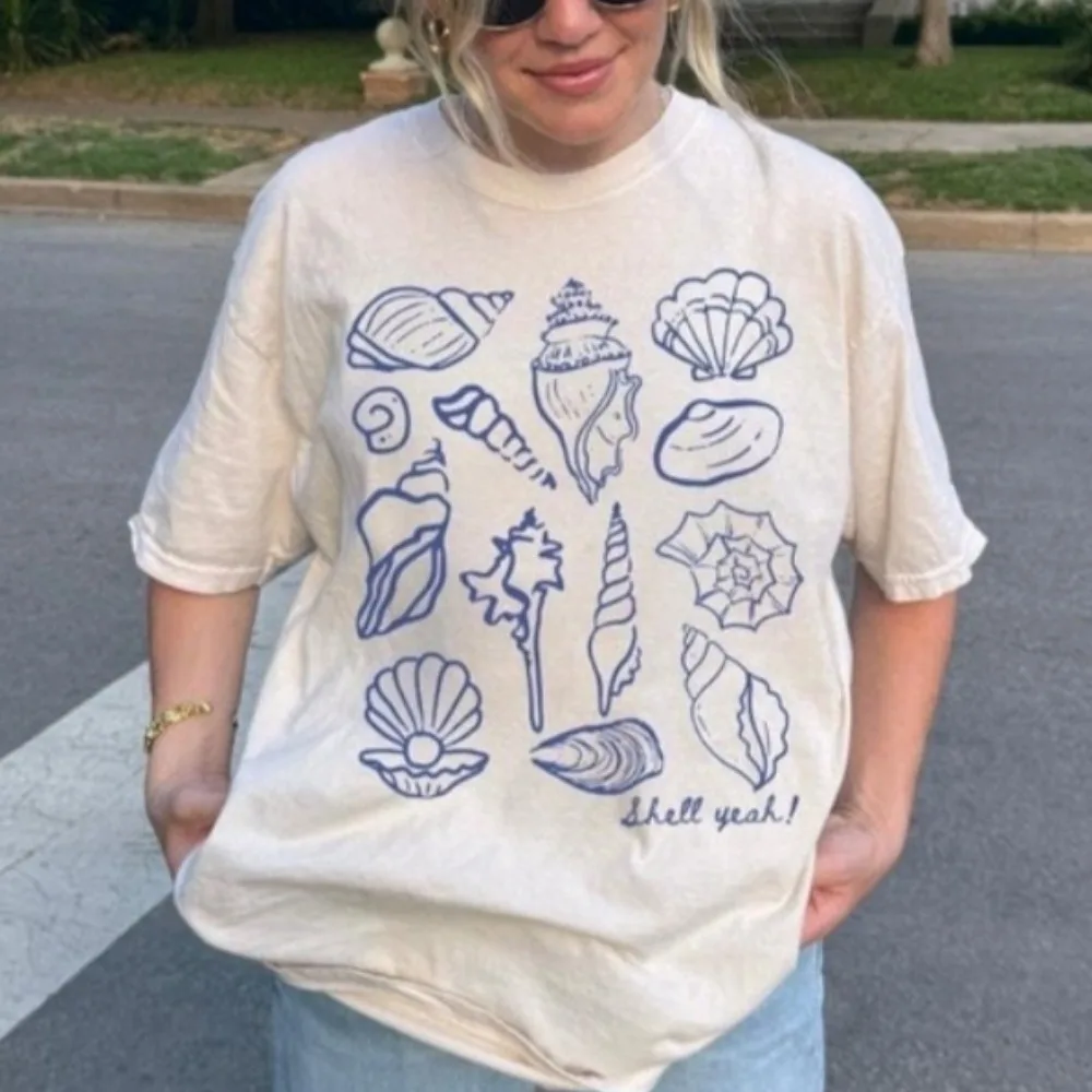 Seashell Fisherman Aesthetic T-Shirt Beach Shirt Shell Yeah shirt Womens Fisherman Aesthetic Beach Vibes Tee Summer Graphic Tee