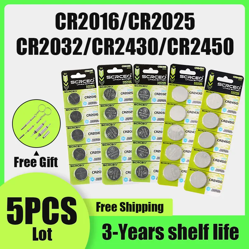 

CR2016 CR2025 CR2032 CR2430 CR2450 5PCS Mixed Combo 3V Lithium Coin Cell Battery for Remote Control Toys Garage Door Opener Elec