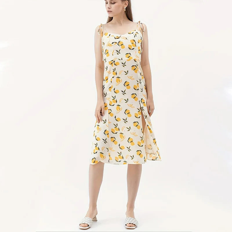 

Summer Dress Women Lemon Print Spaghetti Strap Dress Female Sleeveless Hem Slits A-line Midi Chiffon Dress Sexy RobeHigh Quality