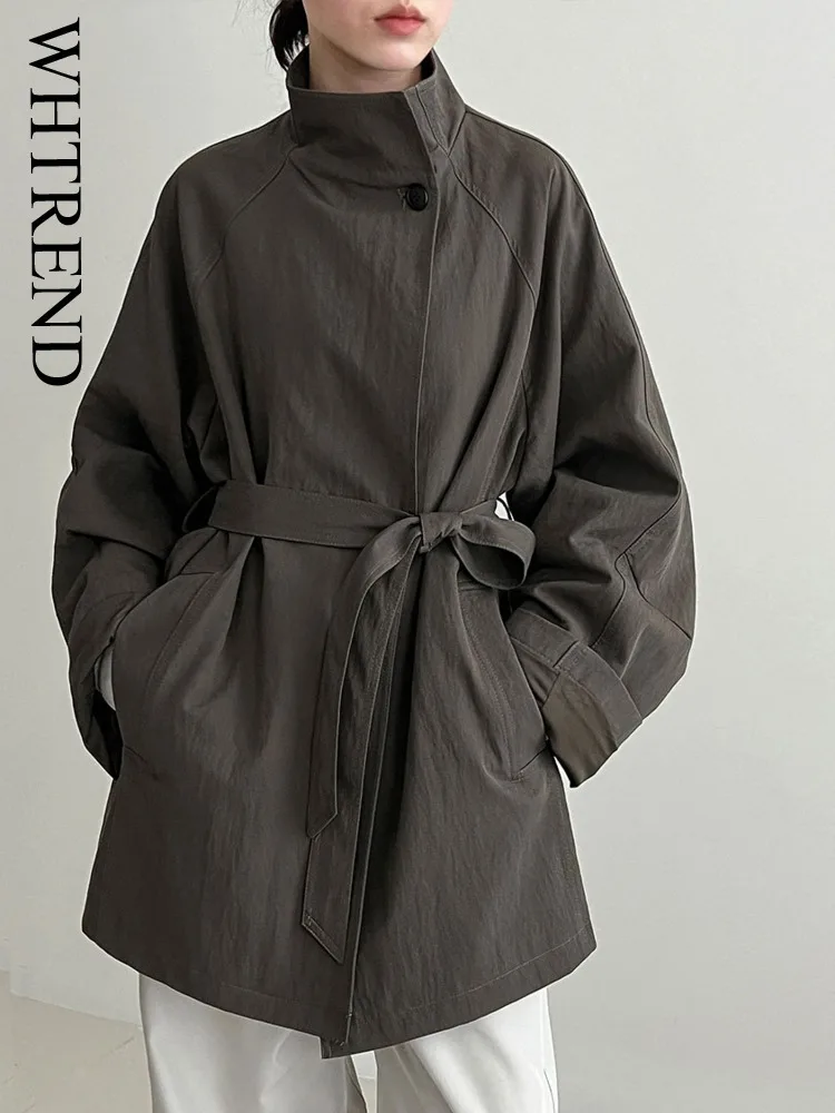 

WHTREND воротник-стойка в британском стиле ветровка женская осенняя новинка с поясом на талии короткий повседневный плащ пальто WH1507