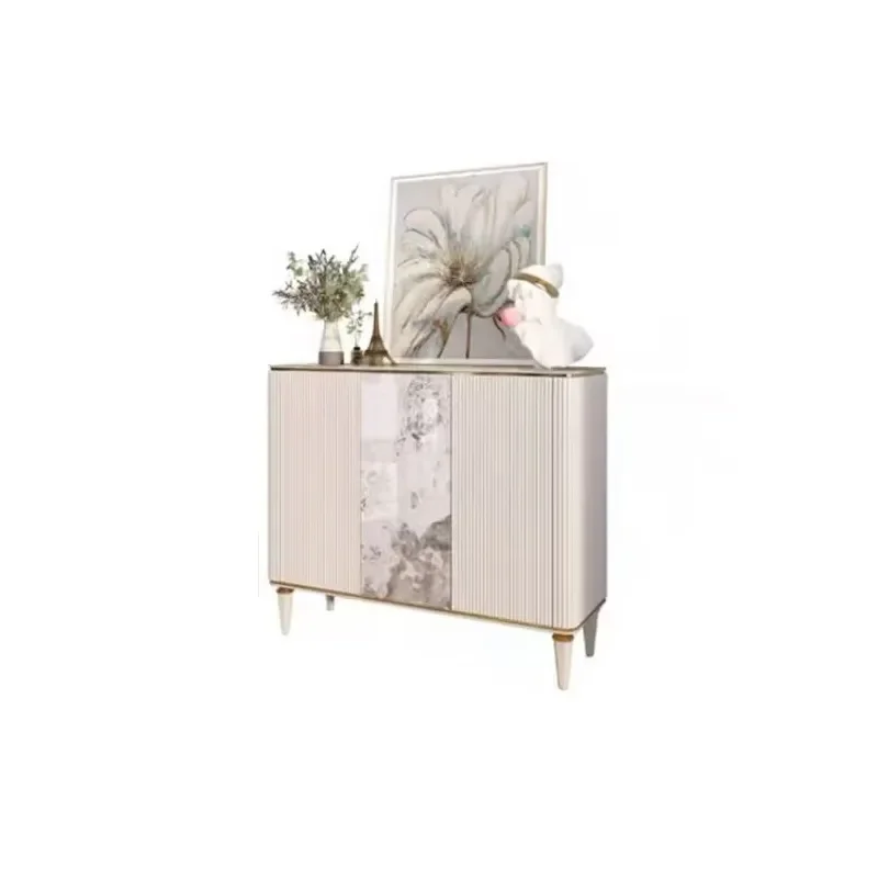 Light‑Luxury Entry Shoe Cabinet Fluted Reeded Panels Art Stone‑Pattern Decor Gold Trim Tapered Legs Storage Unit For Hallway C