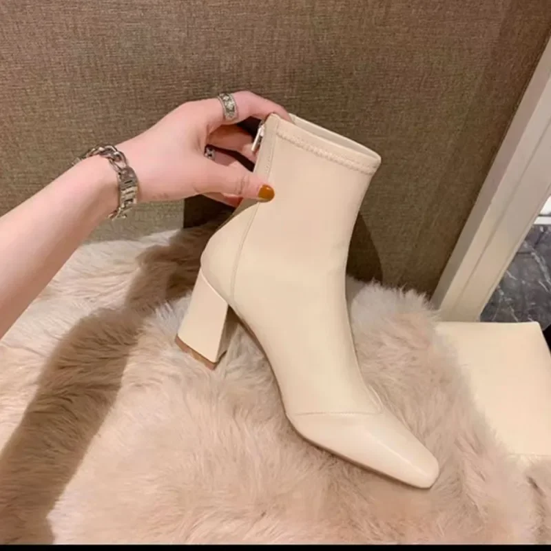2024 Hot Sale Women's Shoes Back Zip Women's Boots Fashion Square Toe Office and Career High Quality Solid Mid-Calf Bootszapatos image 3