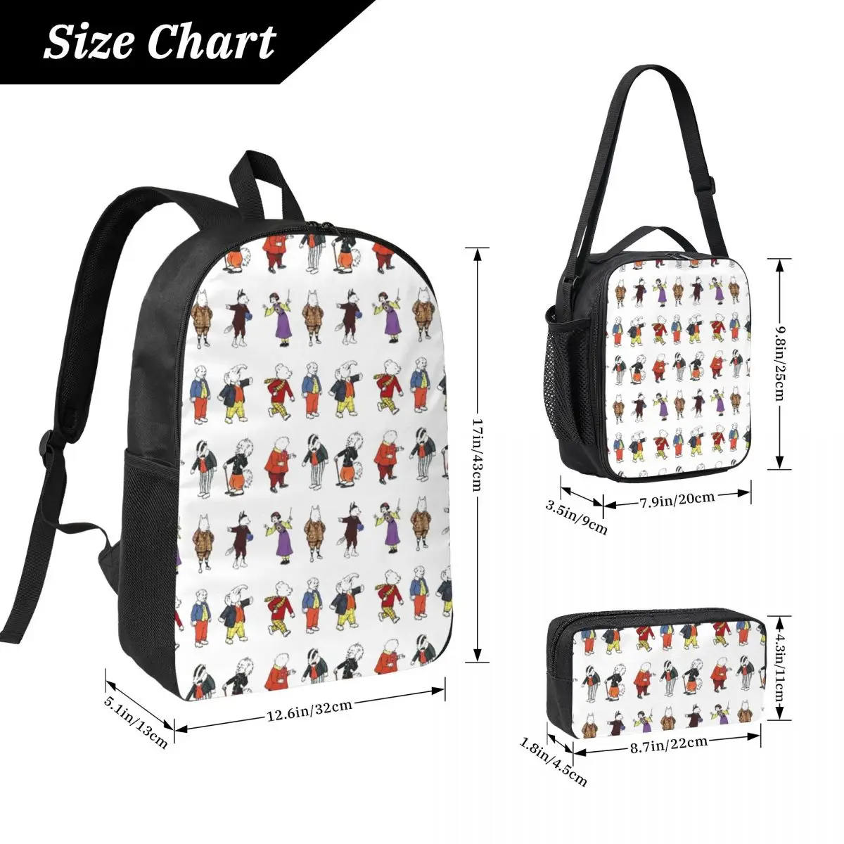 Rupert Bear And Friends Backpack Student Boy Girls BookBag School Bag Computer Shoulder Bags 3ps Insulated Lunch Bag Pencil Case