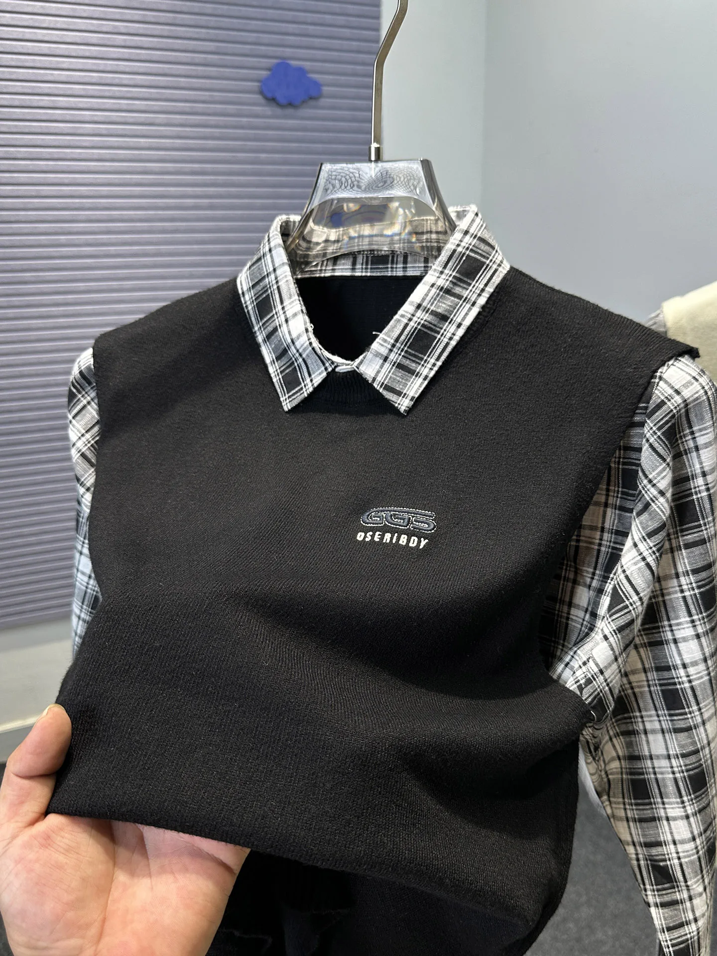 

Мужской повседневный вязаный свитер в клетку с воротником-рубашкой, свободного кроя, с длинным рукавом, осенне-зимний, модный, для ношения под одеждой, комплект из двух предметов