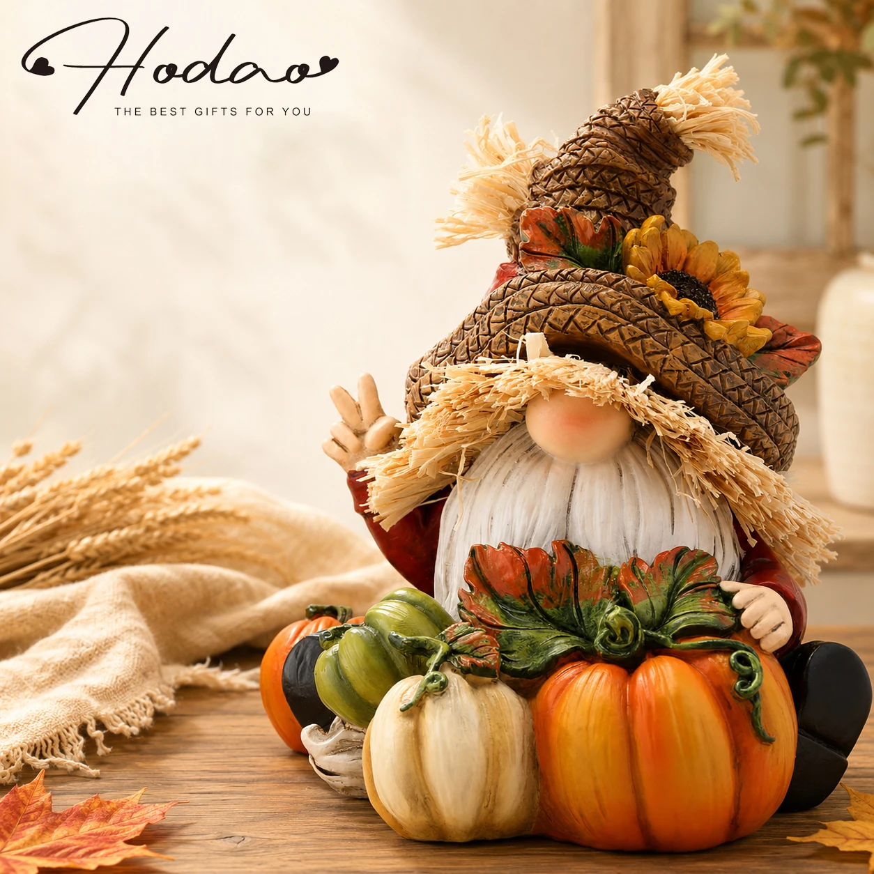 Hodao Resin Fall Scarecrow Gnome Figurine with Pumpkin Harvest Decoration, Farmhouse Thanksgiving Sitting Gnome Statue for Tabletop Shelf Sitter, Autumn Holiday Decor Gift for Home Garden, Hand-Painted Seasonal Ornament, Country Rustic Farmhouse Decor.