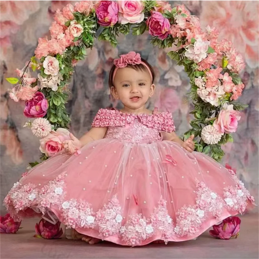 2025 Baby Kleider aus Schulter Perlen Spitze Schmetterlinge Blumen mädchen Kleid Kleinkind erste Geburtstags feier Kleid