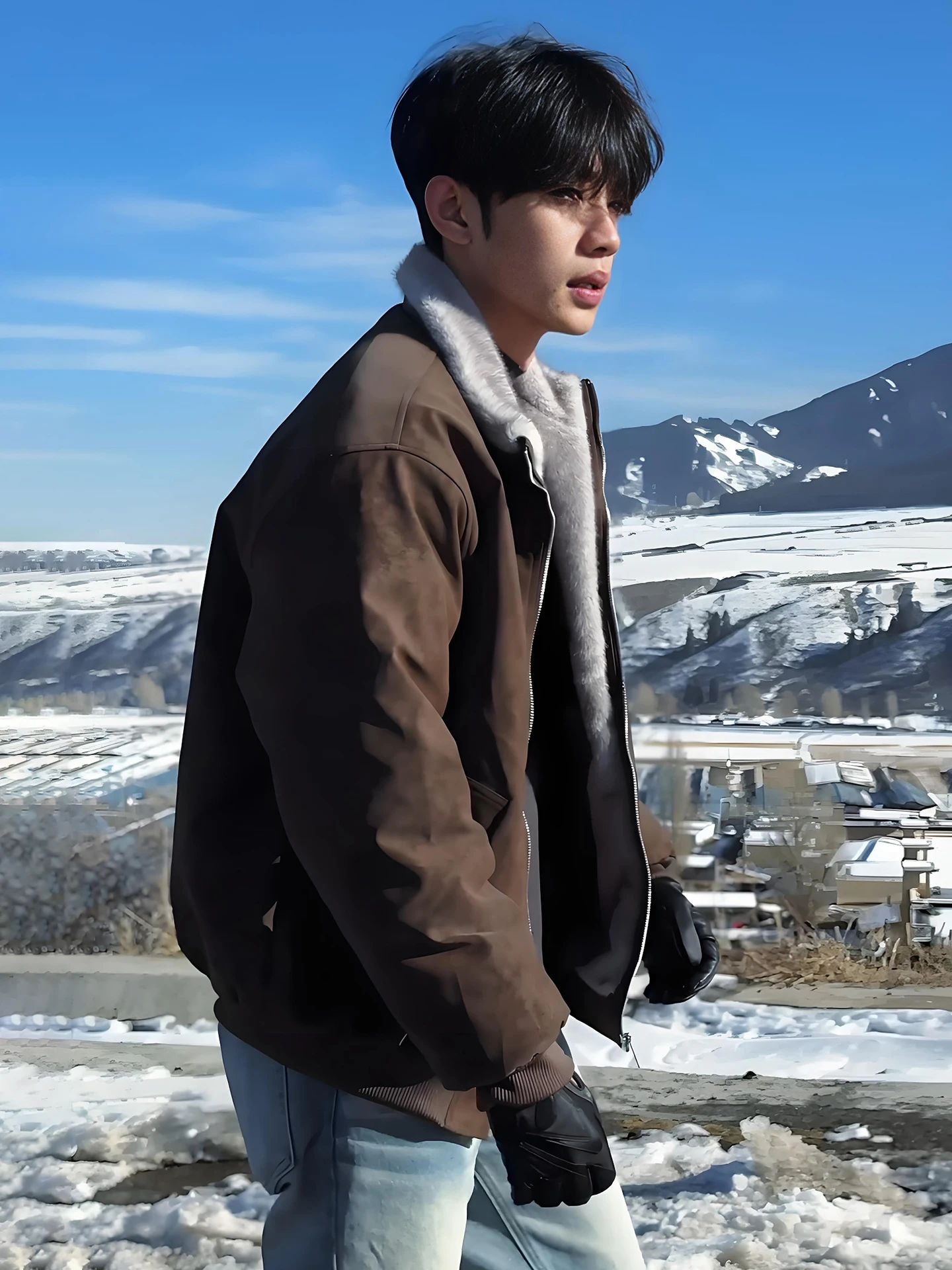 الكراميل فو الفراء بولي Leather جلد الرجال الشتاء Jaet الوقوف طوق Fce اصطف ort Sle معطف القطن الدافئة Thiened طويل Sve #2