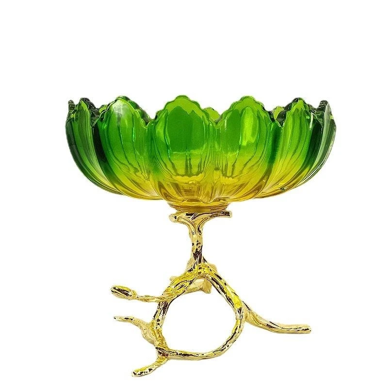 Green Glass Fruit Plate Metal Branch Bracket Transparent Fruits Tray Bowl Desktop Snacks Candy Storage Basket