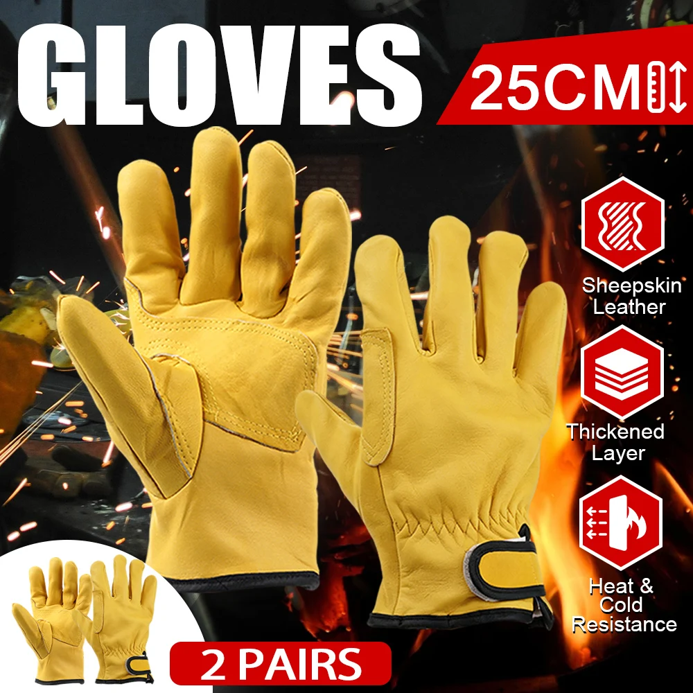 25cm Thick Double Lined Yellow Leather Welding Gloves Heatproof Anti-slip Adjustable Wrist Velcro Industrial Safety Work Gloves