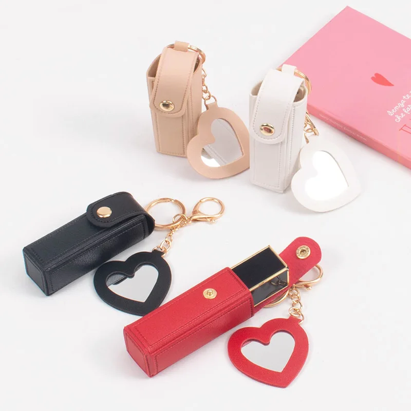 Fashion Leather Keychain with Mirror, Trendy Mini Pouch