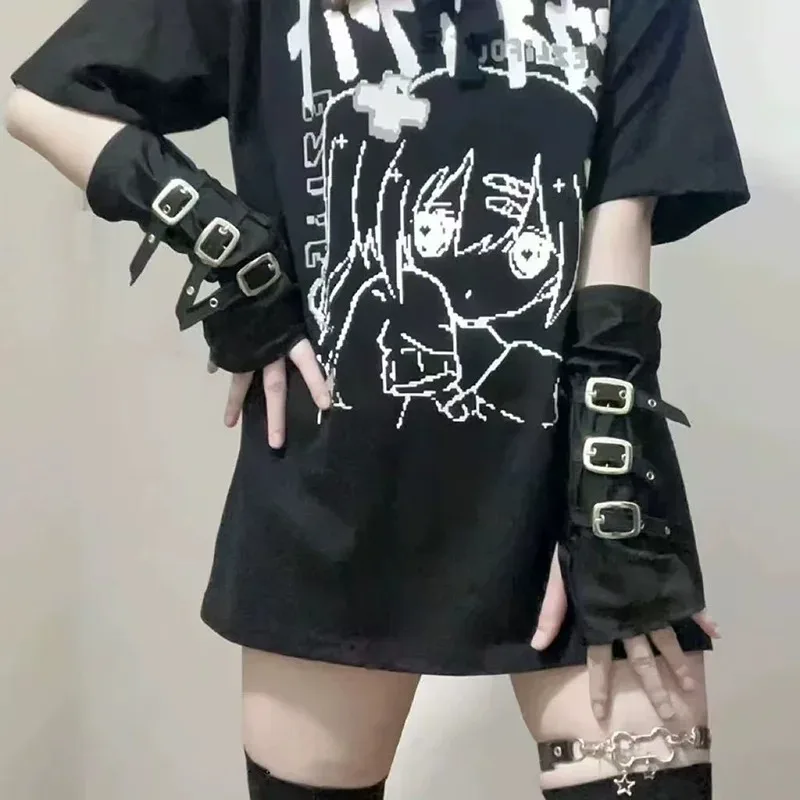 Black Half-Finger Gloves Punk Metal Buckle with Exposed Finger Women Party Button Sleeves Halloween Cosplay Stage Performance