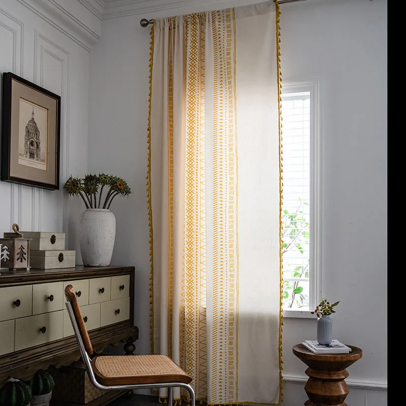 American Bohemian cotton and linen printed geometric perforated shading bedroom bay window kitchen finished curtain