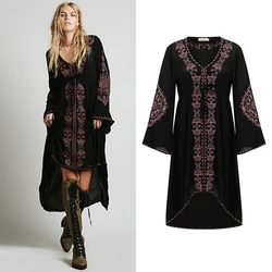 Summer New Women Bohemian Sexy Maxi Dress Long Sleeve Dresses Tunic Vintage Floral Embroidery Cotton Casual Hippie Boho Robe