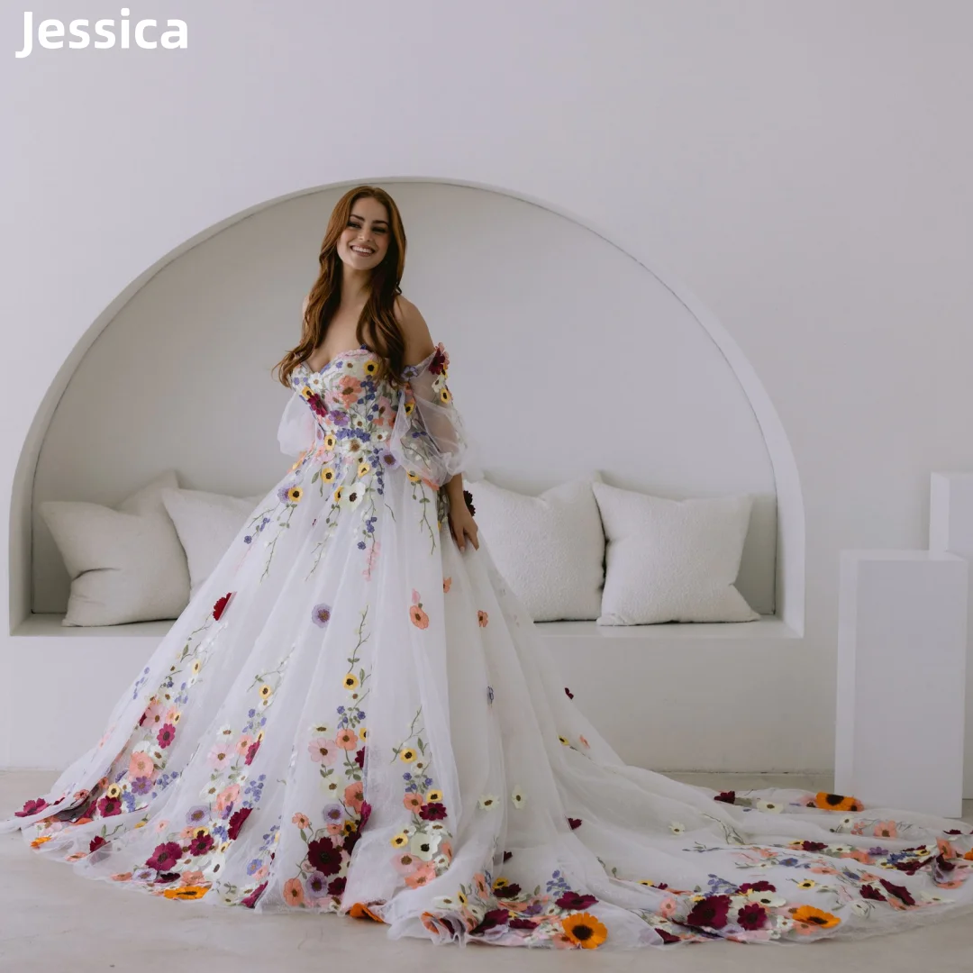 Jessica Flower Puff Sleeves Bridal Dress Embroidery Floral Tulle Prom Dresses Wedding Party Dresses Vestidos De Noche Customize