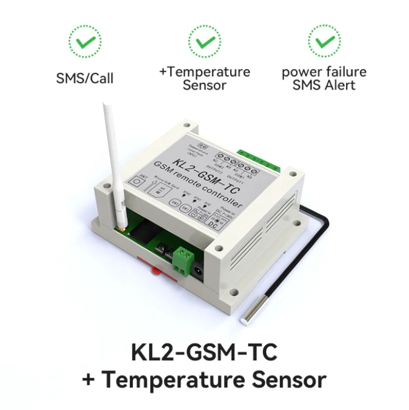 

GSM ON/OFF RELAY switch access controller KL2-GSM with temperature sensor Power outage alarm send SMS reminder