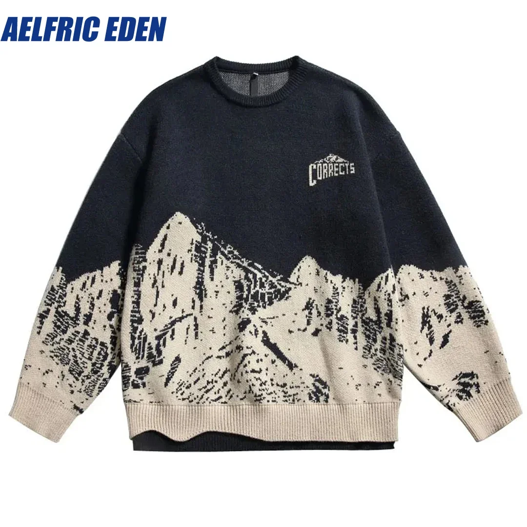 Aelfric Eden Knitted Mountain Pullover Jumpers Vintage Sweaters Streetwear 90s Hip Hop Autumn Harajuku Casual Loose Knitwear