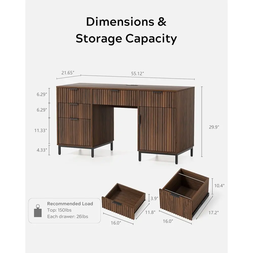55 Executive Home Office Desk with Charging Station, Keyboard Tray, File Drawer, Storage Cabinet, and Brown Wood Finish