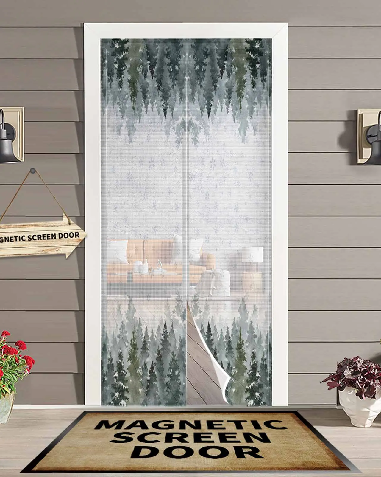 

Watercolor Winter Snowflake Tree Magnetic Door Curtain Living Room Bedroom Home Anti-mosquito Screen Door Curtain