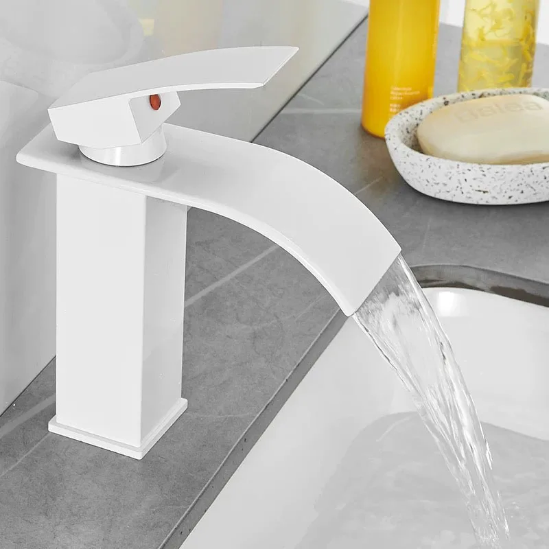 

White Waterfall Faucet Nordic Flat Mouth Basin Faucet Modern Minimalist Bathroom Wash Basin Mixer Water Tap